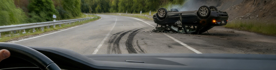 Imagen de una carretera con un vehículo volcado tras un accidente desde el punto de vista de un conductor que está dentro de un coche viéndolo.