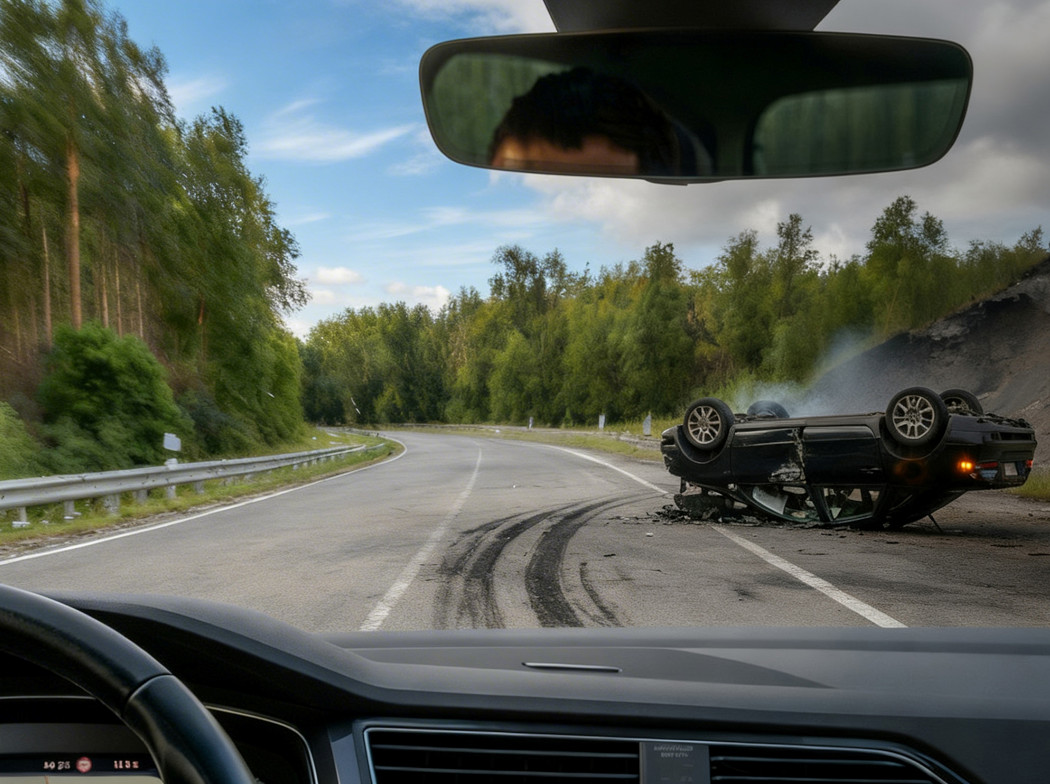 Imagen de una carretera con un vehículo volcado tras un accidente desde el punto de vista de un conductor que está dentro de un coche viéndolo.