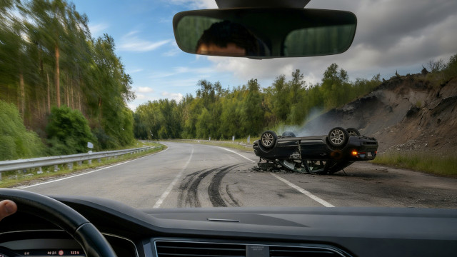 Imagen de una carretera con un vehículo volcado tras un accidente desde el punto de vista de un conductor que está dentro de un coche viéndolo.