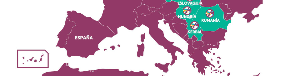 Mapa de Europa con todos los países de color morado a excepción de Noruega, Suecia, Estonia, Polonia, Chequia, Eslovaquia, Hungría, Rumanía y Serbia que están de color verde y con una señal de prohibido compuesta con un icono de un coche y una copa de vino