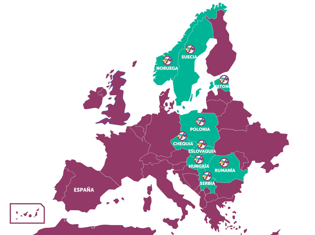 Mapa de Europa con todos los países de color morado a excepción de Noruega, Suecia, Estonia, Polonia, Chequia, Eslovaquia, Hungría, Rumanía y Serbia que están de color verde y con una señal de prohibido compuesta con un icono de un coche y una copa de vino