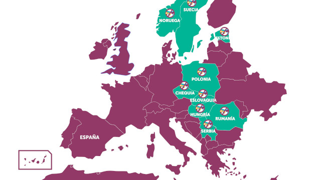 Mapa de Europa con todos los países de color morado a excepción de Noruega, Suecia, Estonia, Polonia, Chequia, Eslovaquia, Hungría, Rumanía y Serbia que están de color verde y con una señal de prohibido compuesta con un icono de un coche y una copa de vino