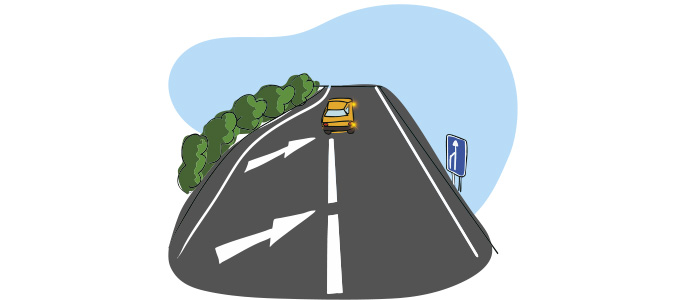 Ilustración de una carretera con la finalización de un carril, con flechas indicándolo. 