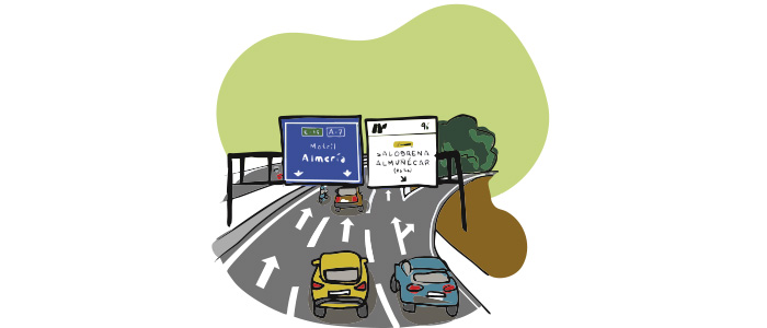 Ilustración de una autovía de tres carriles y una salida de autopista y con carteles de información 