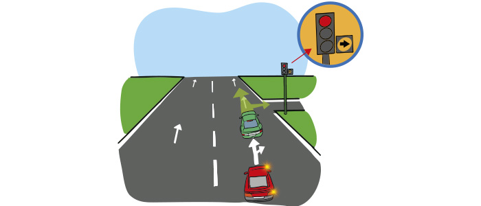 Ilustración de una carretera y dos coches. El primero sigue recto, y el segundo va a girar a la derecha hacia una calle. Al principio de la calle hay un semáforo en rojo y la iluminación de una flecha negra sobre fondo amarillo