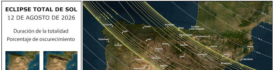 Mapa del eclipse total de sol del 12 de agosto de 2026 en España, con la trayectoria de la sombra, tiempos de totalidad e infografías del avance.