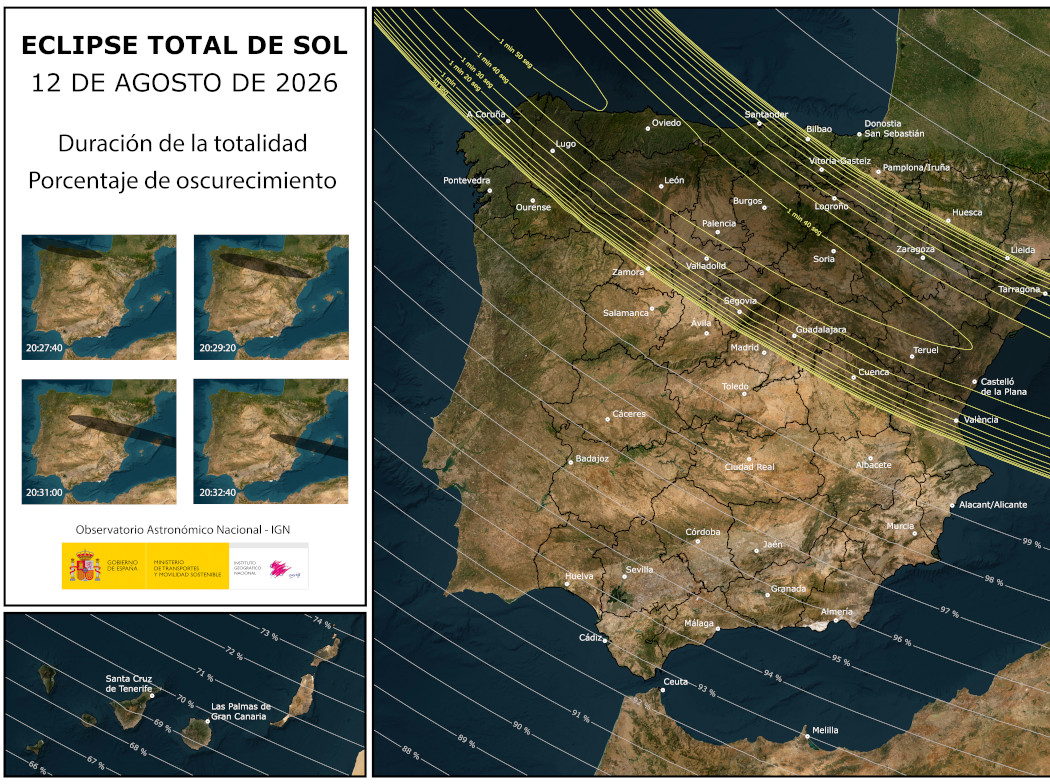 Mapa del eclipse total de sol del 12 de agosto de 2026 en España, con la trayectoria de la sombra, tiempos de totalidad e infografías del avance.
