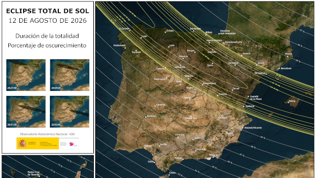 Mapa del eclipse total de sol del 12 de agosto de 2026 en España, con la trayectoria de la sombra, tiempos de totalidad e infografías del avance.