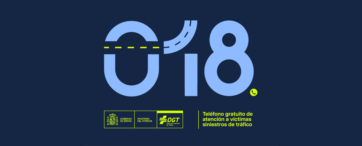 Imagen de fondo azul marino con los números 018 en azul claro. Debajo se puede ver el logo del Ministerio del Interior en amarillo y el titular "Teléfono gratuito de atención a víctimas siniestros de tráfico".