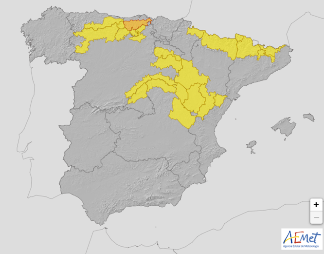 Mapa de España con avisos de nieve y lluvia marcados Mapa de España con avisos de nieve y lluvia marcados