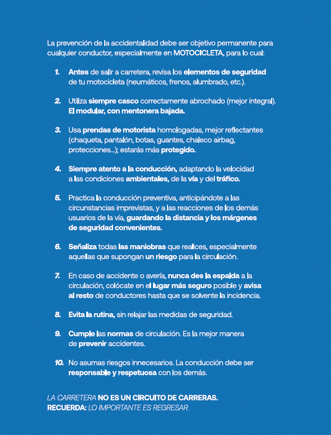 Decálogo de prevención de siniestros al conducir motos