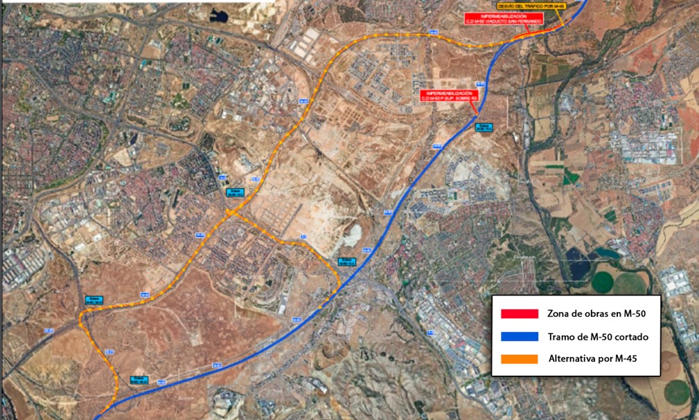 croquis de un mapa informando de las obras de la carretera M-50