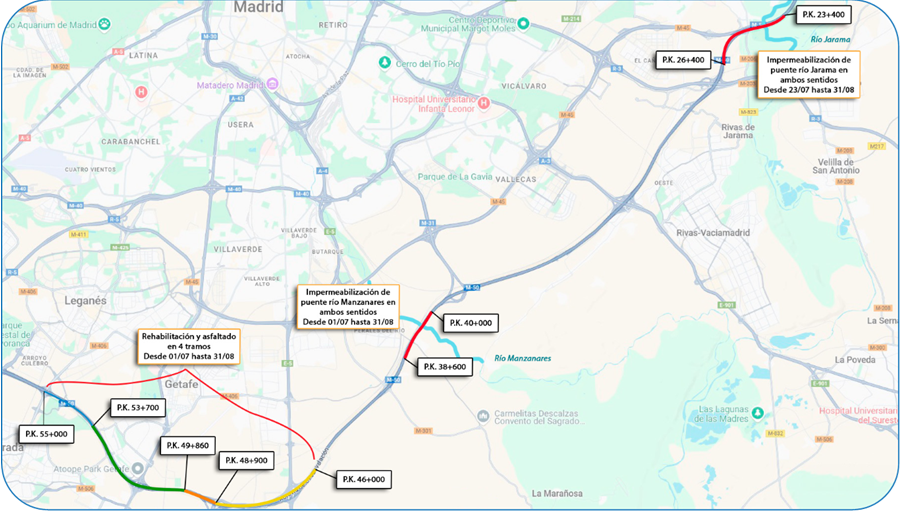 Mapa con las obras en el Eje Culebro