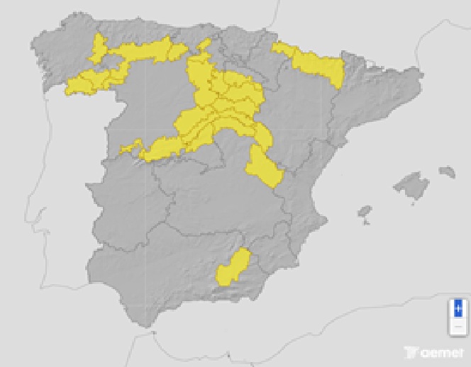 Mapa de España con avisos de nieve y lluvia marcados